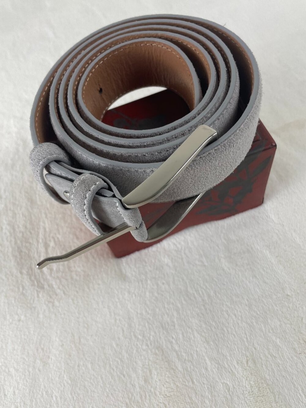 Ground Mind Mens Gray Suede Belt Size 46 Brushed Silver Buckle Preppy Casual